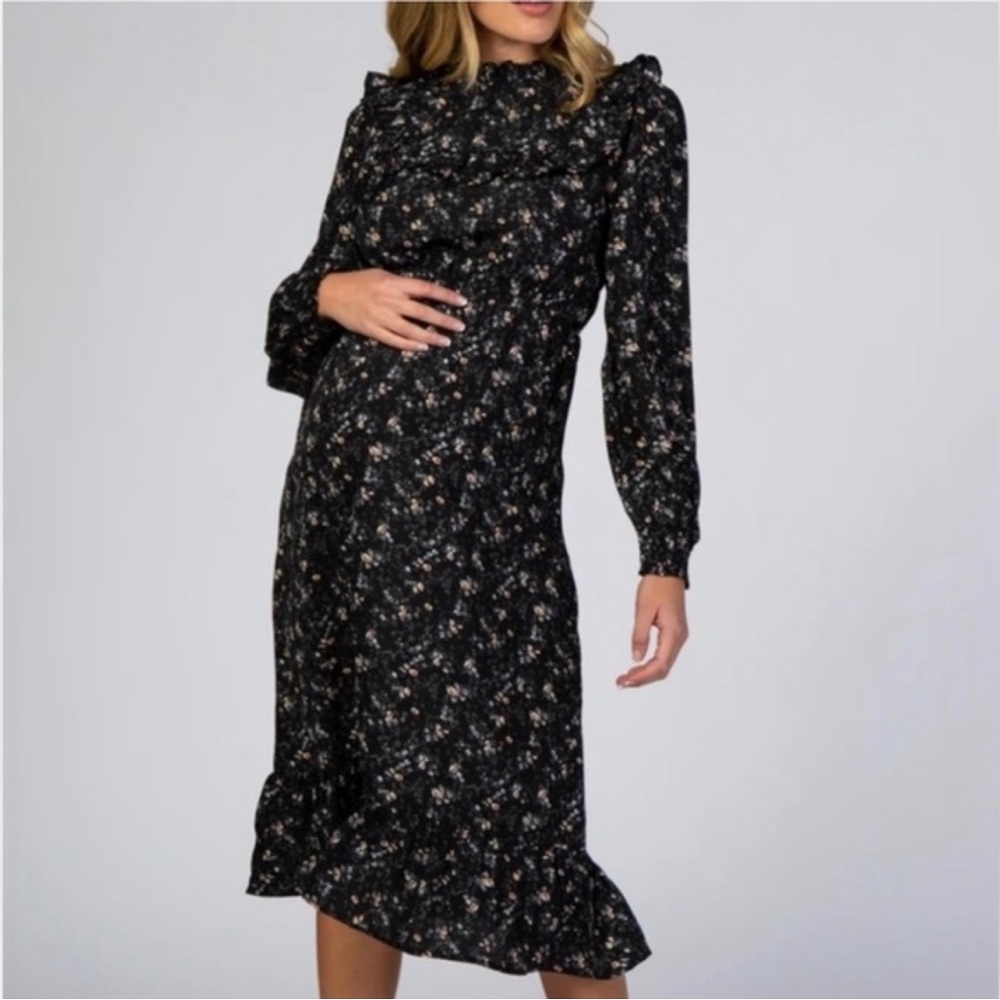 HAYDEN || Pink Blush Black Floral Maternity Dress. Sz. L